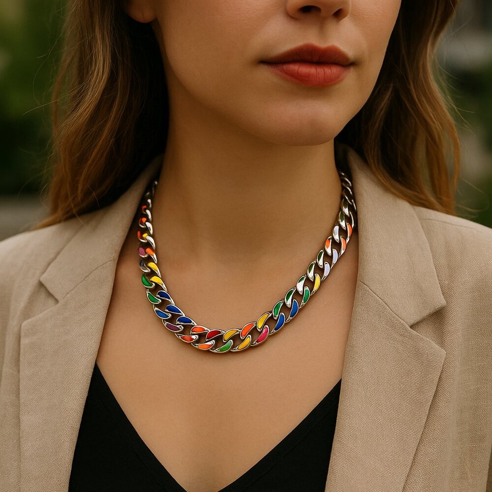 Unisex Rainbow Enamel Cuban Chain Necklace 18” + 3” Extender NWOT